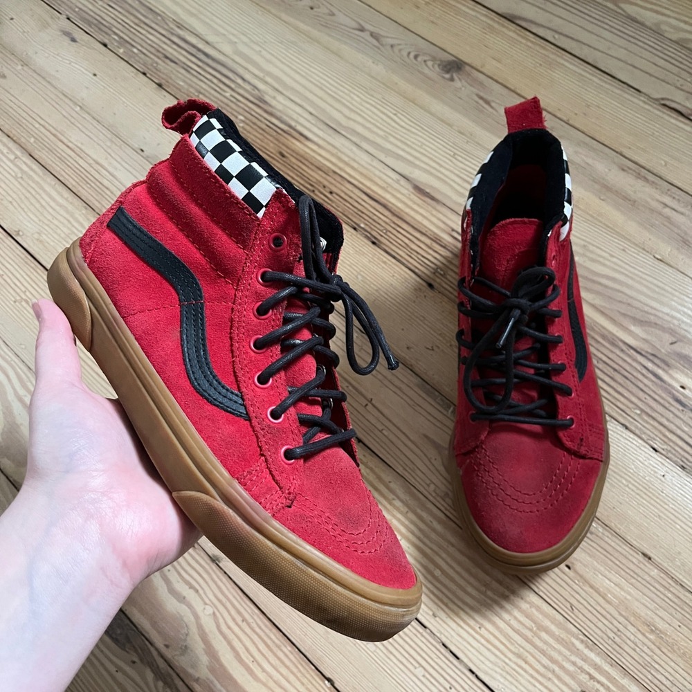 Vans Sk8-Hi Sneakers Kids 5.5 Red Suede Checkerboard High Top Gum Sole Shoes